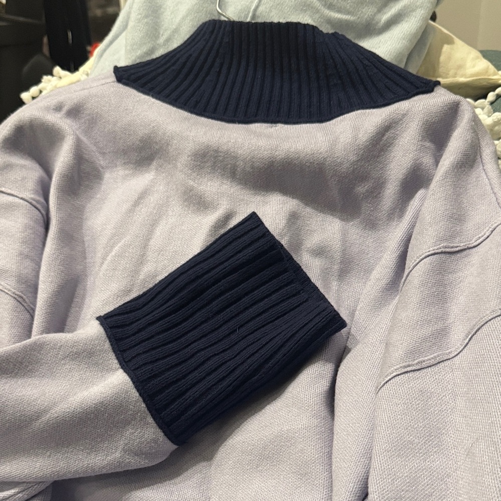 Maeve Lavender Knit Sweater with Navy Turtleneck & Cuffs